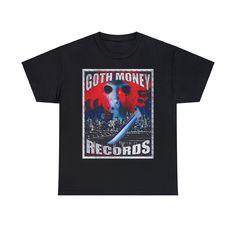 Goth Money Records Jason T-Shirt Tee! Front printed on a high quality print! ⭐️ Fits true to size, size up for a baggier/larger fit, size down for a smaller fit! ⭐️ High-quality print and material! ⭐️ Fast Shipping with tracking! - 100% cotton - Fabric weight: 5.0-5.3 oz/yd² (170-180 g/m²)  - Tubular fabric - Taped neck and shoulders - Double seam at sleeves and bottom hem Halloween Grunge T-shirt With Logo Print, Halloween Grunge Logo Print T-shirt, Alternative Style Streetwear T-shirt With Logo Print, Halloween Band Merch T-shirt With Logo Print, Alternative Style Fan Merchandise Graphic T-shirt, Grunge Fan Merchandise T-shirt With Logo, Black Kray Sickboyrari, Goth Money Records, Black Kray