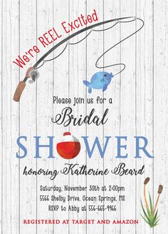 a flyer for a wedding shower with fish on the water and fishing rod in it