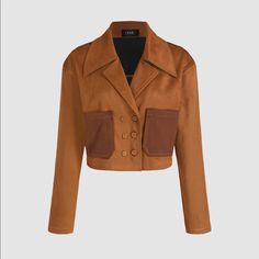 Cognac Colored Suede Crop Jacket. Women’s Size Small/4 Brown Button-up Cropped Jacket For Workwear, Trendy Brown Cropped Jacket With Pockets, Brown Collared Cropped Jacket For Work, Brown Cropped Jacket For Fall Workwear, Brown Cropped Jacket For Work In Fall, Fall Cropped Double-breasted Jacket With Pockets, Double-breasted Cropped Jacket With Pockets For Fall, Brown Cropped Jacket With Pockets For Work, Brown Cropped Jacket For Work With Pockets