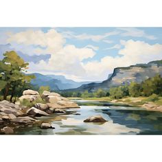 a painting of a river with mountains in the background