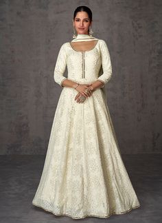 Off White Sequence And Mirror Work Gown White Anarkali Suits, Fancy Gown, White Anarkali, Off White Designer, Georgette Anarkali, Gown With Dupatta, White Kurta, Anarkali Gown, Party Kleidung