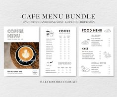 a menu with coffee on it, and the words cafe menu bundle written in white