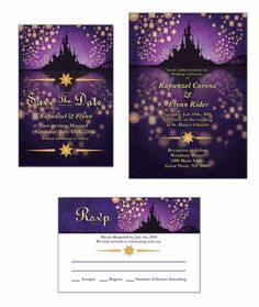 a purple and black wedding suite with gold stars on the night sky, in front of a castle