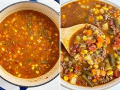 two pictures side by side, one with soup and the other with vegetables in it