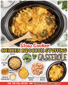 the slow cooker chicken broccoli stuffing casserole is ready to be eaten