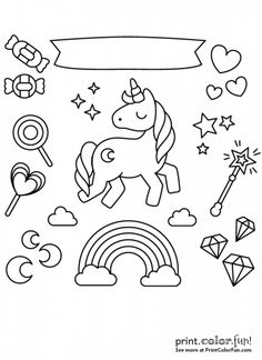 a coloring page with unicorns and rainbows in the sky, stars, clouds, hearts