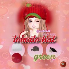 the girl is wearing a red hat with hearts around her head and she has green hair