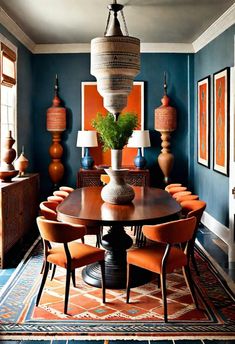 a dining room with blue walls, orange chairs and a chandelier hanging from the ceiling