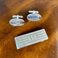 This sterling silver money clip features an engine-turned pattern and an engravable rectangular signet. Silver Money Clip, Circle Monogram, Monogram Styles, Jewel Box, Cuff Links, Hand Engraving, Money Clip, Cufflinks, Initials