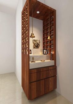 a bathroom with a sink, mirror and shelving unit in the corner that is made out of wood