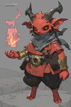 an animal with horns and a scarf on its head, holding a fire ball in his hand