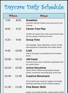 the day care daily schedule is shown in blue and white, with text on it