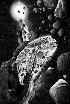 a black and white photo of a star wars ship in the space with planets around it