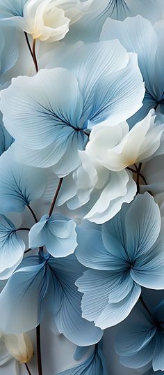 blue and white flowers are arranged together