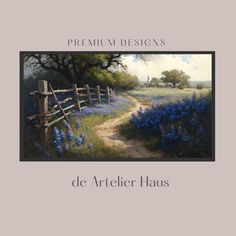 a book cover with blue flowers and a wooden fence