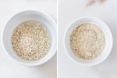 two bowls filled with oatmeal sitting on top of a counter next to each other