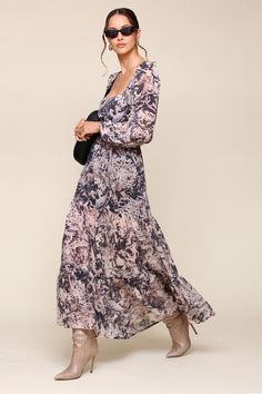 Tiered chiffon lends romantic, free spirit energy to our printed maxi dress, which features a square neck, blouson sleeves, a detachable waist belt, and an abstract monochromatic horse print for added intrigue. Style #: 83655 Elegant Spring Maxi Dress With Abstract Print, Elegant Abstract Print Maxi Dress For Spring, Elegant Maxi Dress With Abstract Print For Spring, Flowy Chiffon Maxi Dress With Square Neck, Spring Chiffon Maxi Dress With Square Neck, Spring Square-neck Chiffon Maxi Dress, Flowy Square Neck Maxi Dress For Fall, Chic Square Neck Maxi Dress For Fall, Spirit Energy