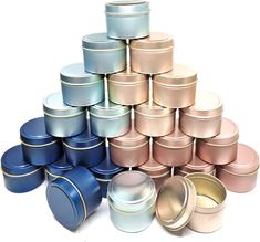 24Pcs 4Oz Candle Tins for DIY Candle, Metal Candle Container Tins Package Includes: 24 COMPLETE CANDLE TINS-24 tins, 24 lids- Empty Metal Storage Containers. 6pcs rose gold tins + 6pcs light blue tins + 6pcs dark blue tins+ 6pcs champagne color tins. Capacity of the Canld Tins: 4oz = ½ cup = 118 ml; SIZE: 2” tall by 2.7'' diameter of those Round Tin Cans. Versatile Usage: Unixing candle tins used for candle making, party favors, Store gifts, spices & herbs, balms & gels, geocaching, crafts, travel, storage & more, Our tins are Easy to Carry and Use. Candle Tin Cans: Seamless contruction, candle tins are made of high quality aluminum, durable. Perfect for DIY candle making projects. Great for travel size & camping candles, candle tins are better than glass for beginning candle makers. Perfe Metal Storage Containers, Christmas Candles Diy, Candle Tins, Blue Champagne, Champagne Rose, Round Candles, Candle Making Kit, Diy Candle, Candle Maker