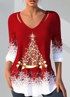 a woman wearing a red and white shirt with a christmas tree on it