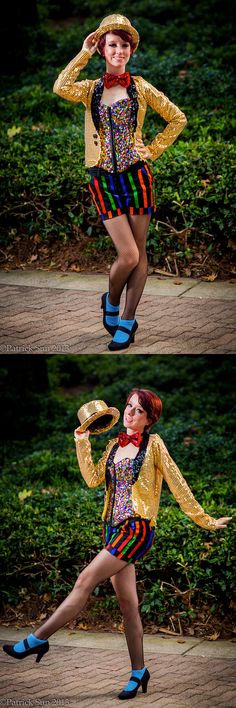 two pictures of a woman in colorful clothing and hat dancing with her hands behind her head