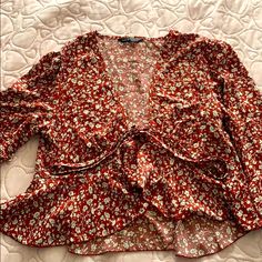 Super Cute Never Worn! Wide Sleeves Very Flowy Red Floral Print Tops For Fall, Fall Floral Print Red Top, Fall Red Floral Print Tops, Red Cotton Blouse For Brunch, Trendy Red Shirt For Spring, Red Casual Top For Brunch, Red V-neck Shirt For Spring, Casual Red Top For Brunch, Trendy Red Blouse For Brunch