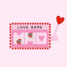 a pink card with hearts on it that says love game