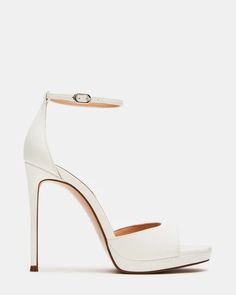 WILEY White Patent Open Toe Stiletto Heel | Women's Heels – Steve Madden Sleek White Formal Sandals, Sleek White Heels With 4-inch Heel, Sleek White Fitted Heels, Sleek Fitted White Heels, Sleek White Open Heel Heels, White Sleek Open Heel Heels, Sleek White Heels With Wrapped Heel, Elegant White Platform Sandals, Sleek White High Heels