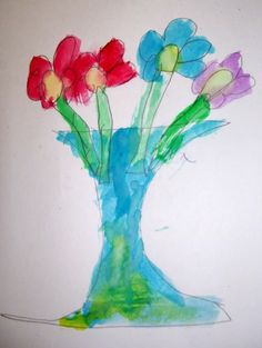 a drawing of flowers in a blue vase