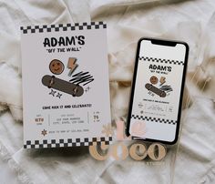 an ad for adam's off the wall skateboard shop next to a phone