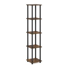 a tall wooden shelf with four shelves on each side and two black metal poles in the middle