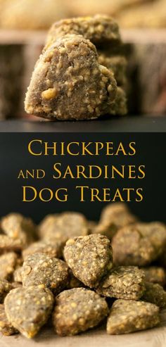 the cover of chickpeas and sardines dog treats is shown on a table