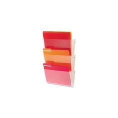 three different colored file folders stacked on top of each other in a holder against a white background