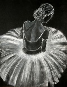 a black and white drawing of a ballerina in a tutu with her hair pulled back