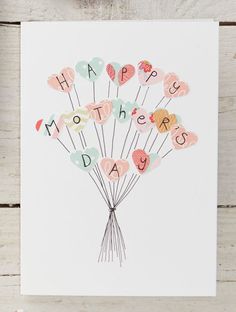 a card with the words happy mothers day written on it and balloons in the shape of hearts