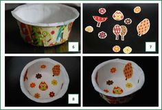 four pictures showing how to make paper bowls with owls and flowers on them, including the top