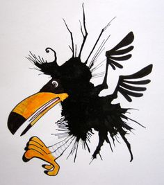 a drawing of a black bird with a yellow beak