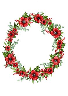 a wreath with red flowers and green leaves