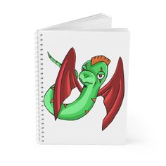 a spiral notebook with an image of a green dragon on the front and red wings