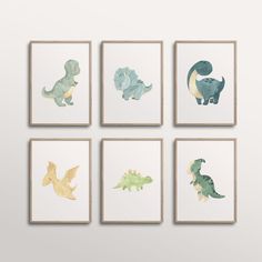 four dinosaur prints are hanging on the wall in front of a white wall and two wooden frames