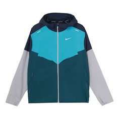 Nike Gym Outerwear With Double-lined Hood, Blue Sportswear Hoodie For Outdoor, Blue Sporty Hoodie For Outdoor, Blue Sport Coat For Outdoor Activities, Sporty Blue Hoodie For Outdoor, Blue Hooded Sport Coat For Outdoor Activities, Blue Hooded Sport Coat For Outdoor, Nike Blue Functional Hoodie, Green Hooded Jacket With Drawstring For Sports