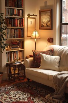 a living room filled with lots of books and furniture