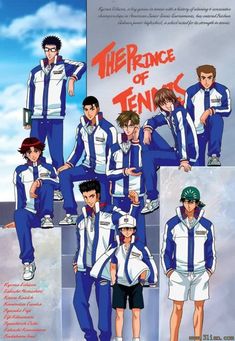 the prince of tennis anime character poses in their blue and white uniforms, with stars above them