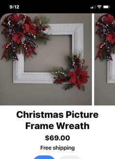 two christmas wreaths hanging on the wall in front of a white frame with red and black bows