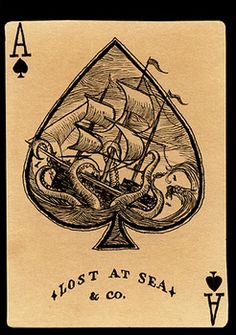 a playing card with an octopus and ship in the middle, on top of it