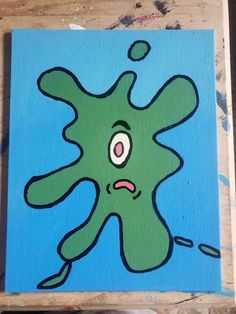 a painting of a green cartoon character on a blue background