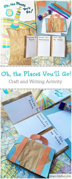 an assortment of craft and writing activities for kids to do on the place you'll go