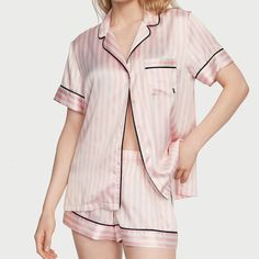 Victoria's Secret Satin Short Pajama Set Pink Iconic Stripe Large New Condition: New In Package Size: Large Color: Pink Iconic Stripe Get A Full Eight Hours (Or More) Of Beauty Sleep In Our Glossy Set Featuring A Short Sleeve Button-Up And Matching Shorts. Easy Fit Short-Sleeve, Button-Front Top Hits At Hips Chest Pocket With Embroidered “V” Short With Drawstring Tie Waist 3 Inseam Machine Wash Imported Vs Pajamas, Flannel Shorts, Silky Pajamas, Thermal Pajamas, Lingerie Catalog, Victoria Secret Pajamas, Flannel Pajama Sets, Satin Short, Beauty Sleep