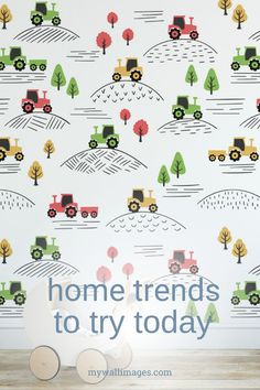 Colorful Tractors Removable Wallpaper Tractor Wallpaper, Easy Diy Wall Decor, Diy Wall Decor Ideas, Kids Bathrooms, Bathrooms Decor