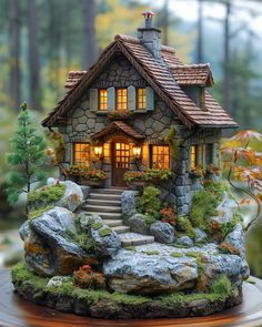 a doll house with rocks and plants around it