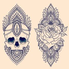 two skulls with flowers on their heads and one skull in the middle, both have blue eyes